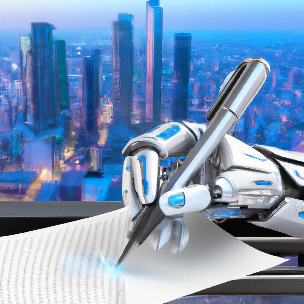 Een robothand schrijft met een laser AI-gegenereerde teksten in een cyber-stad.